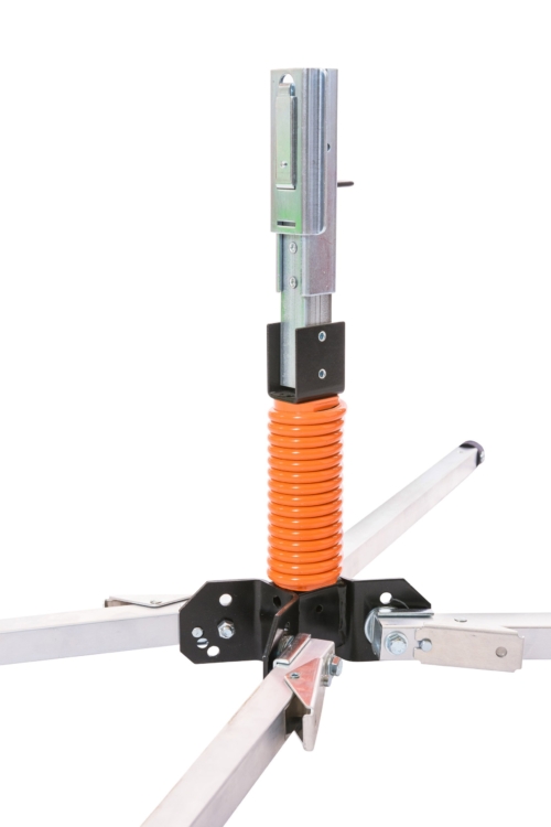 Compact Sign stand with wind deflections, orange spring, steel, stand, folded down